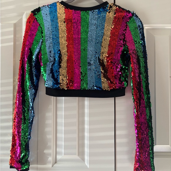 Cropped Long Sleeve Sequin Top - Multicolor Stripes - Picture 5 of 15